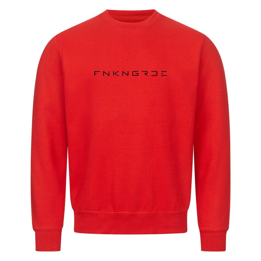 Funkengarde Sweatshirt – Spread Legs / Knees Down von Mazares Racing. Rotes Biker-Sweatshirt aus 80 % Baumwolle mit Racing-Motiv und Typographie-Print. Streetwear für Motorradfahrer und Racing-Enthusiasten.