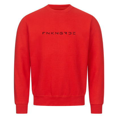 Funkengarde Sweatshirt – Spread Legs / Knees Down von Mazares Racing. Rotes Biker-Sweatshirt aus 80 % Baumwolle mit Racing-Motiv und Typographie-Print. Streetwear für Motorradfahrer und Racing-Enthusiasten.