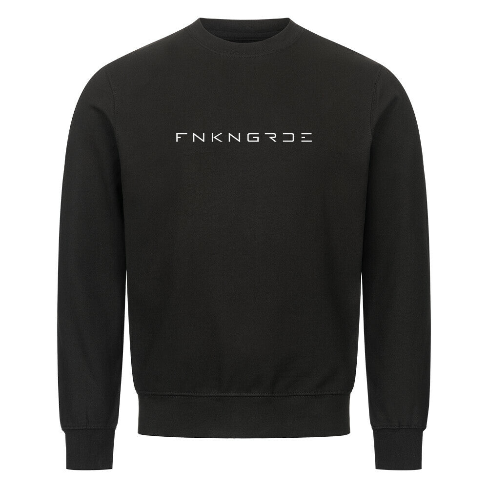 Funkengarde Sweatshirt – Spread Legs / Knees Down von Mazares Racing. Schwarzes Biker-Sweatshirt aus 80 % Baumwolle mit Racing-Motiv und Typographie-Print. Streetwear für Motorradfahrer und Racing-Enthusiasten.