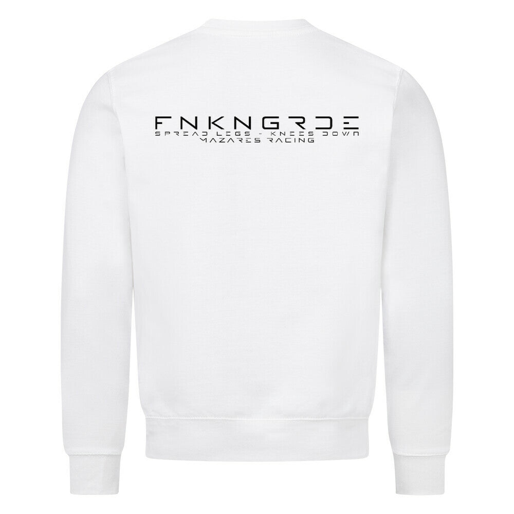 Funkengarde Sweatshirt – Spread Legs / Knees Down von Mazares Racing. Weißes Biker-Sweatshirt aus 80 % Baumwolle mit Racing-Motiv und Typographie-Print. Streetwear für Motorradfahrer und Racing-Enthusiasten.