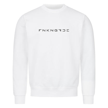 Funkengarde Sweatshirt – Spread Legs / Knees Down von Mazares Racing. Weißes Biker-Sweatshirt aus 80 % Baumwolle mit Racing-Motiv und Typographie-Print. Streetwear für Motorradfahrer und Racing-Enthusiasten.