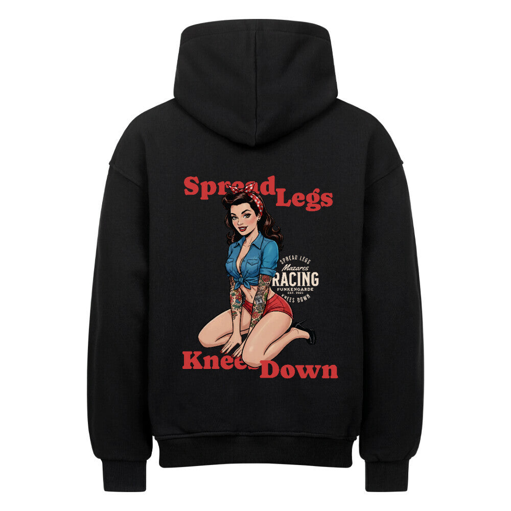 Mazares Racing Oversized Hoodie Spread Legs – Knees Down mit Retro Pin-up Design auf der Rückseite, hochwertiger 380 g Baumwollstoff, Streetwear im Bikelifestyle-Stil. schwarz