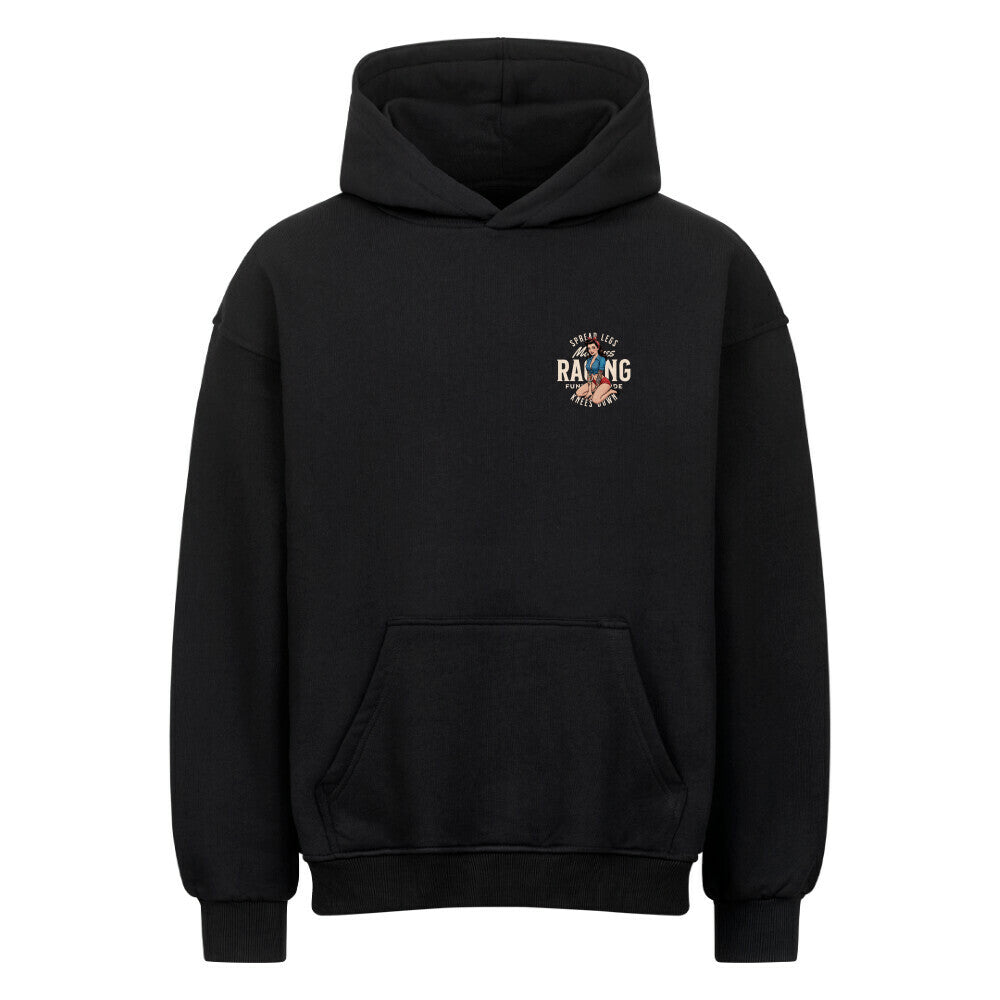Mazares Racing Oversized Hoodie Spread Legs – Knees Down mit Retro Pin-up Design auf der Rückseite, hochwertiger 380 g Baumwollstoff, Streetwear im Bikelifestyle-Stil. schwarz