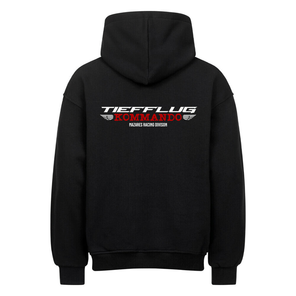 Oversized Biker Hoodie „Tiefflug Kommando“ von Mazares Racing in Schwarz mit großem Rückenprint inspiriert von Crew-Rides, Schräglage und Motorradkultur.