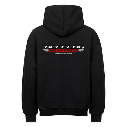 Oversized Biker Hoodie „Tiefflug Kommando“ von Mazares Racing in Schwarz mit großem Rückenprint inspiriert von Crew-Rides, Schräglage und Motorradkultur.