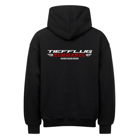 Oversized Biker Hoodie „Tiefflug Kommando“ von Mazares Racing in Schwarz mit großem Rückenprint inspiriert von Crew-Rides, Schräglage und Motorradkultur.