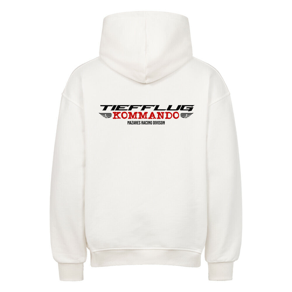 Mazares Racing Tiefflug Kommando Hoodie in Weiß mit markantem Rückenmotiv für Motorradfahrer, Kurvenjäger und Riding Crews.