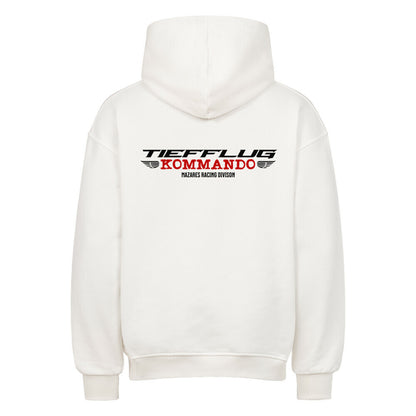 Mazares Racing Tiefflug Kommando Hoodie in Weiß mit markantem Rückenmotiv für Motorradfahrer, Kurvenjäger und Riding Crews.