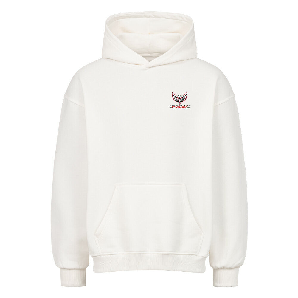 Weißer Oversized Hoodie von Mazares Racing mit Tiefflug Kommando Design und modernem Biker Streetwear Look.