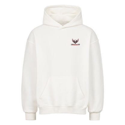 Weißer Oversized Hoodie von Mazares Racing mit Tiefflug Kommando Design und modernem Biker Streetwear Look.