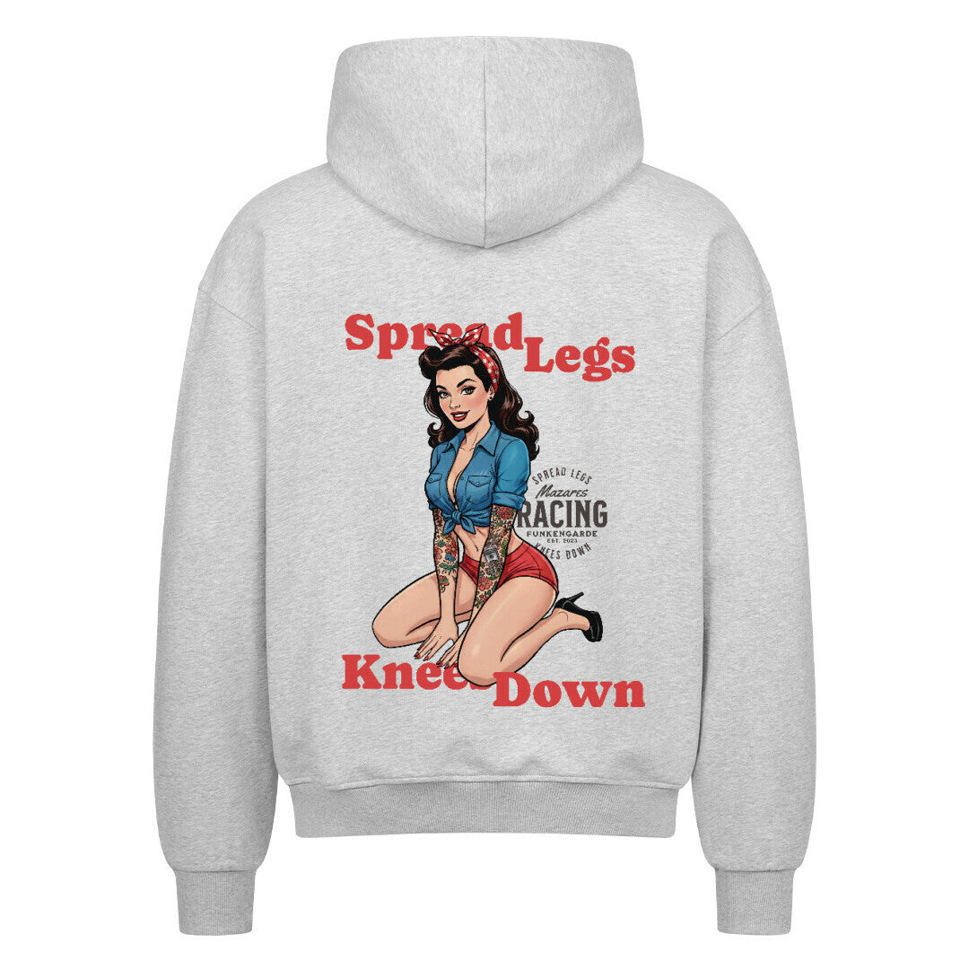 Mazares Racing Zipper Spread Legs – Knees Down mit Retro Pin-up Design, 100 % Baumwolle, 430 g Stoffdichte, Biker Streetwear im Oversized Fit. heather grey