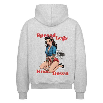Mazares Racing Zipper Spread Legs – Knees Down mit Retro Pin-up Design, 100 % Baumwolle, 430 g Stoffdichte, Biker Streetwear im Oversized Fit. heather grey