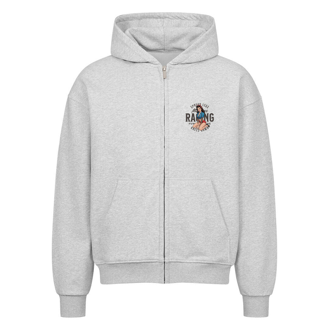 Mazares Racing Zipper Spread Legs – Knees Down mit Retro Pin-up Design, 100 % Baumwolle, 430 g Stoffdichte, Biker Streetwear im Oversized Fit. heather grey