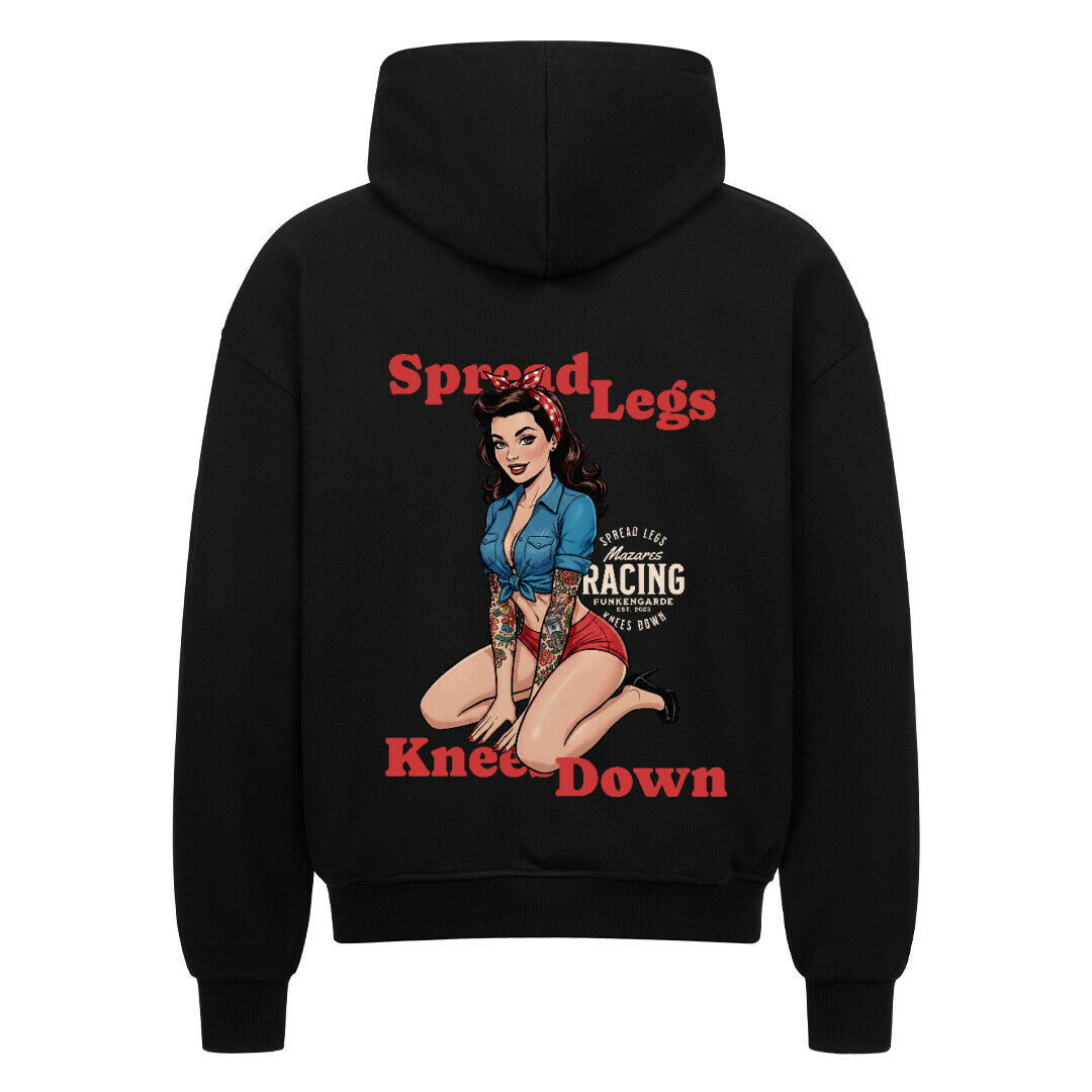 Mazares Racing Zipper Spread Legs – Knees Down mit Retro Pin-up Design, 100 % Baumwolle, 430 g Stoffdichte, Biker Streetwear im Oversized Fit. schwarz
