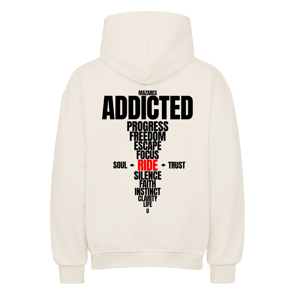 Natural Raw Oversized Hoodie von Mazares mit großem Ride Addicted Backprint und typografischen Begriffen rund um Freiheit, Fokus und Motorradfahren.
