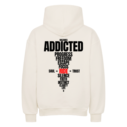 Natural Raw Oversized Hoodie von Mazares mit großem Ride Addicted Backprint und typografischen Begriffen rund um Freiheit, Fokus und Motorradfahren.