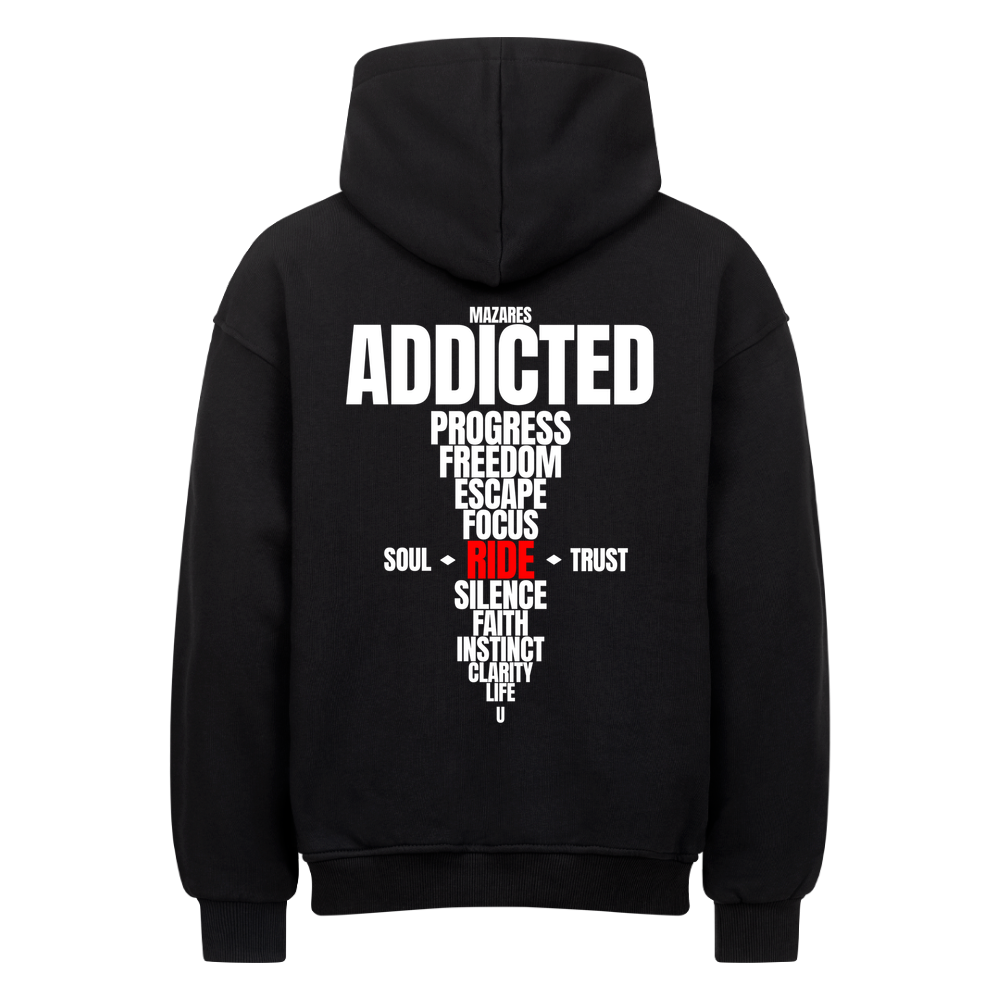 Schwarzer Mazares Ride Addicted Oversized Hoodie mit großem typografischem Backprint „Addicted“ und „Ride“ als zentrales Element.