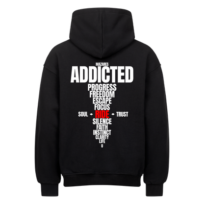 Schwarzer Mazares Ride Addicted Oversized Hoodie mit großem typografischem Backprint „Addicted“ und „Ride“ als zentrales Element.