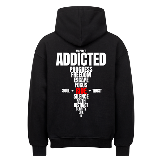 Schwarzer Mazares Ride Addicted Oversized Hoodie mit großem typografischem Backprint „Addicted“ und „Ride“ als zentrales Element.