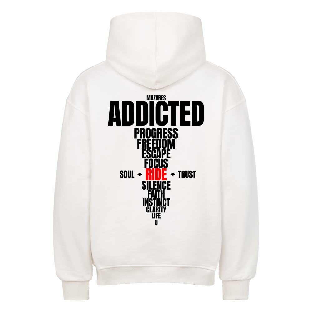 Weißer Oversized Hoodie von Mazares mit großem typografischem Ride Addicted Backprint für Motorradfahrer und Biker.