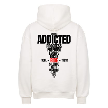Weißer Oversized Hoodie von Mazares mit großem typografischem Ride Addicted Backprint für Motorradfahrer und Biker.