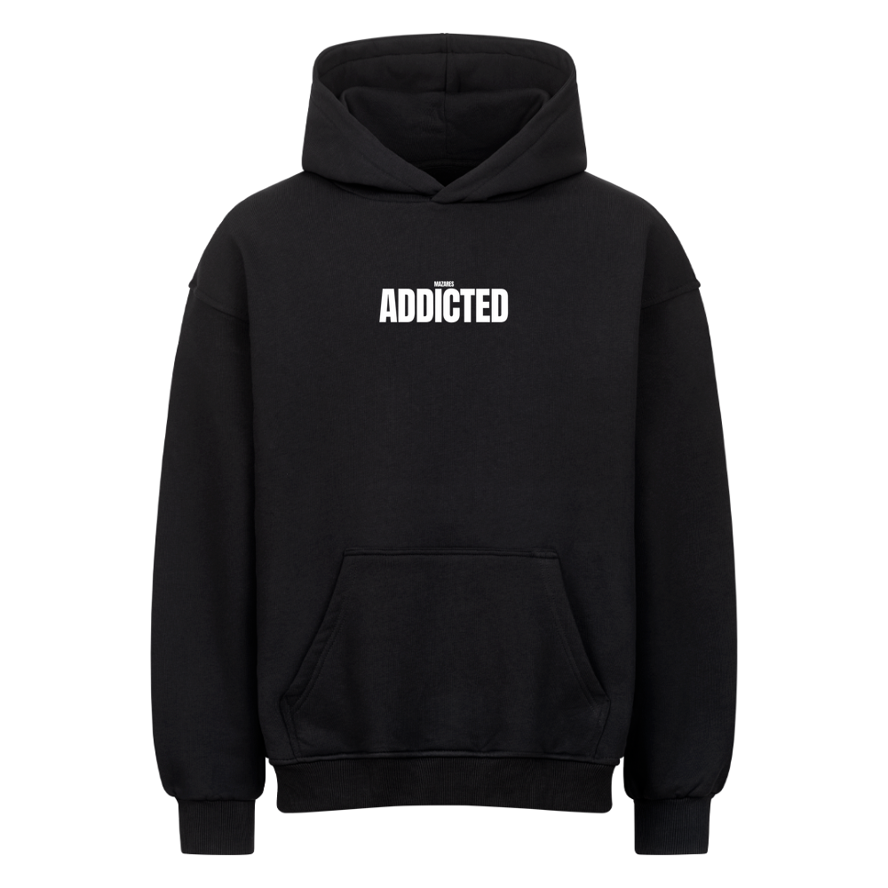 Mazares Ride Addicted Oversized Hoodie in Schwarz mit minimalistischem „Mazares Addicted“ Brustprint.