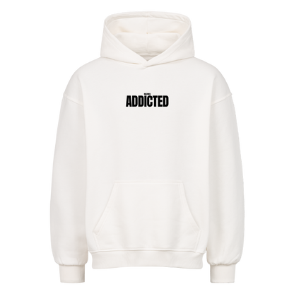 Weißer Mazares Ride Addicted Oversized Hoodie mit dezentem „Mazares Addicted“ Brustprint.