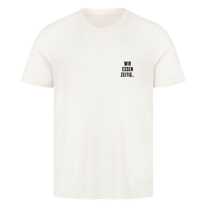 Natural Raw Herren T-Shirt mit kleinem Brustprint „Wir essen zeitig“ und großem Rückenprint „Sorry, wir essen zeitig“ im minimalistischen Mazares Stil.