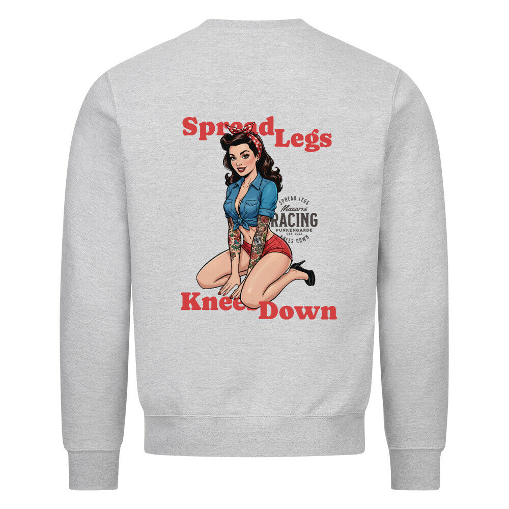 Classic Sweatshirt „Spread Legs / Knees Down“ von Mazares Racing – schwarzes Sweatshirt mit Retro-Pin-up-Design und Frontlogo heather grey