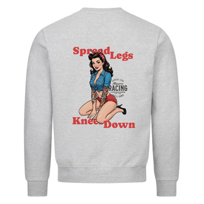 Classic Sweatshirt „Spread Legs / Knees Down“ von Mazares Racing – schwarzes Sweatshirt mit Retro-Pin-up-Design und Frontlogo heather grey