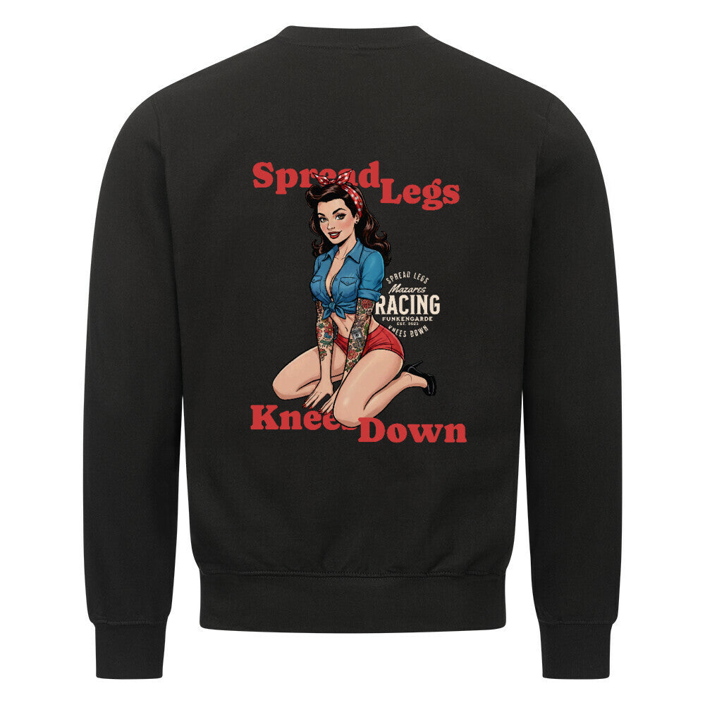 Classic Sweatshirt „Spread Legs / Knees Down“ von Mazares Racing – schwarzes Sweatshirt mit Retro-Pin-up-Design und Frontlogo schwarz