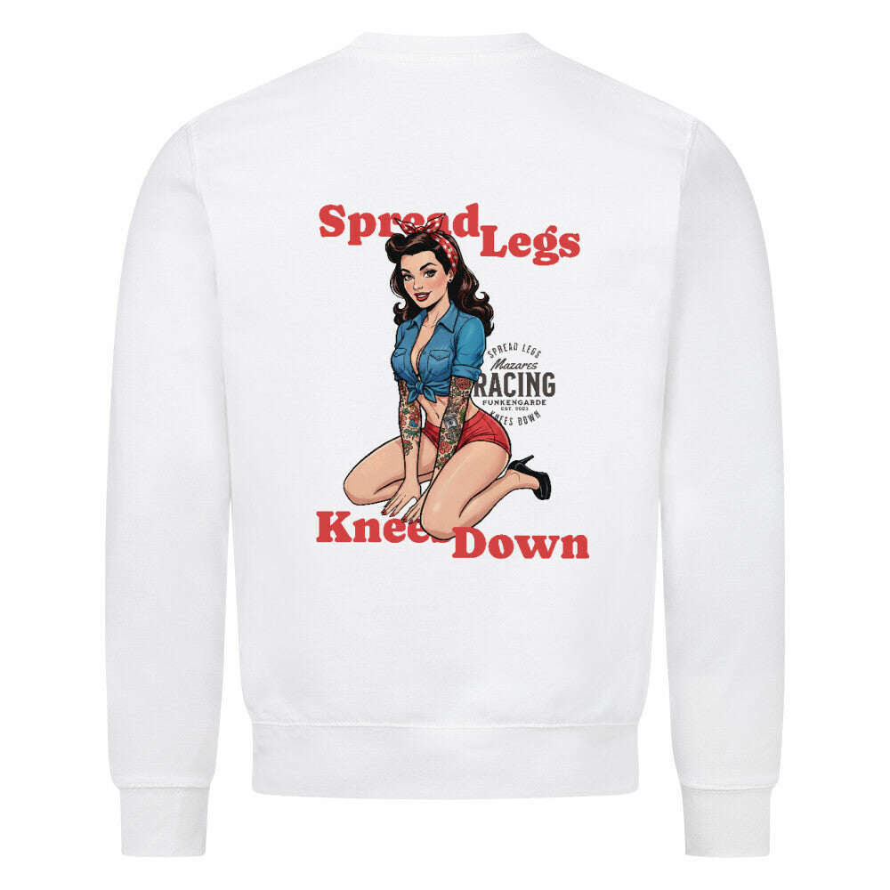 Classic Sweatshirt „Spread Legs / Knees Down“ von Mazares Racing – schwarzes Sweatshirt mit Retro-Pin-up-Design und Frontlogo weiß