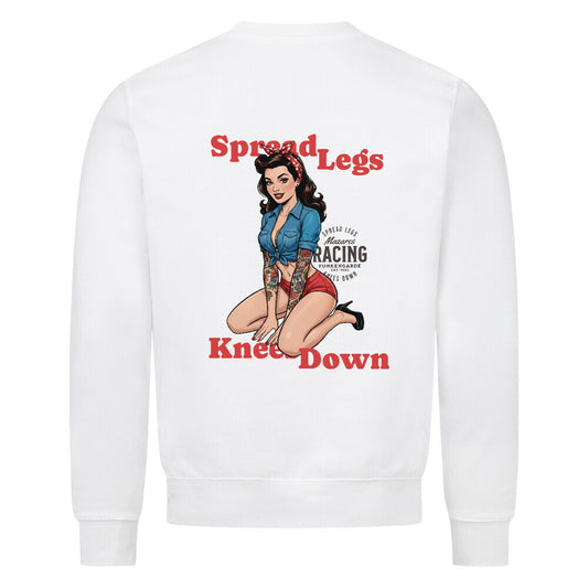 Classic Sweatshirt „Spread Legs / Knees Down“ von Mazares Racing – schwarzes Sweatshirt mit Retro-Pin-up-Design und Frontlogo weiß