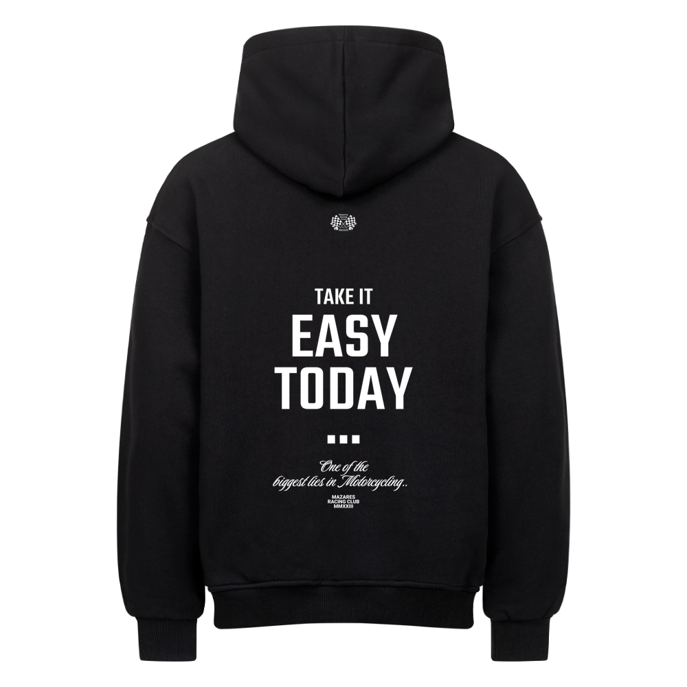 Schwarzer Mazares Racing Oversized Biker Hoodie mit englischem Take It Easy Today Schriftzug.