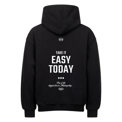 Schwarzer Mazares Racing Oversized Biker Hoodie mit englischem Take It Easy Today Schriftzug.