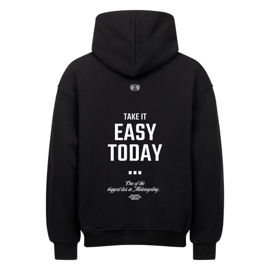 Black Mazares Racing oversized hoodie featuring the “Take It Easy Today” motorcycle-inspired graphic.