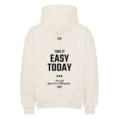 Mazares Racing Oversized Hoodie in Natural Raw mit Take It Easy Today Design für Motorradfahrer.