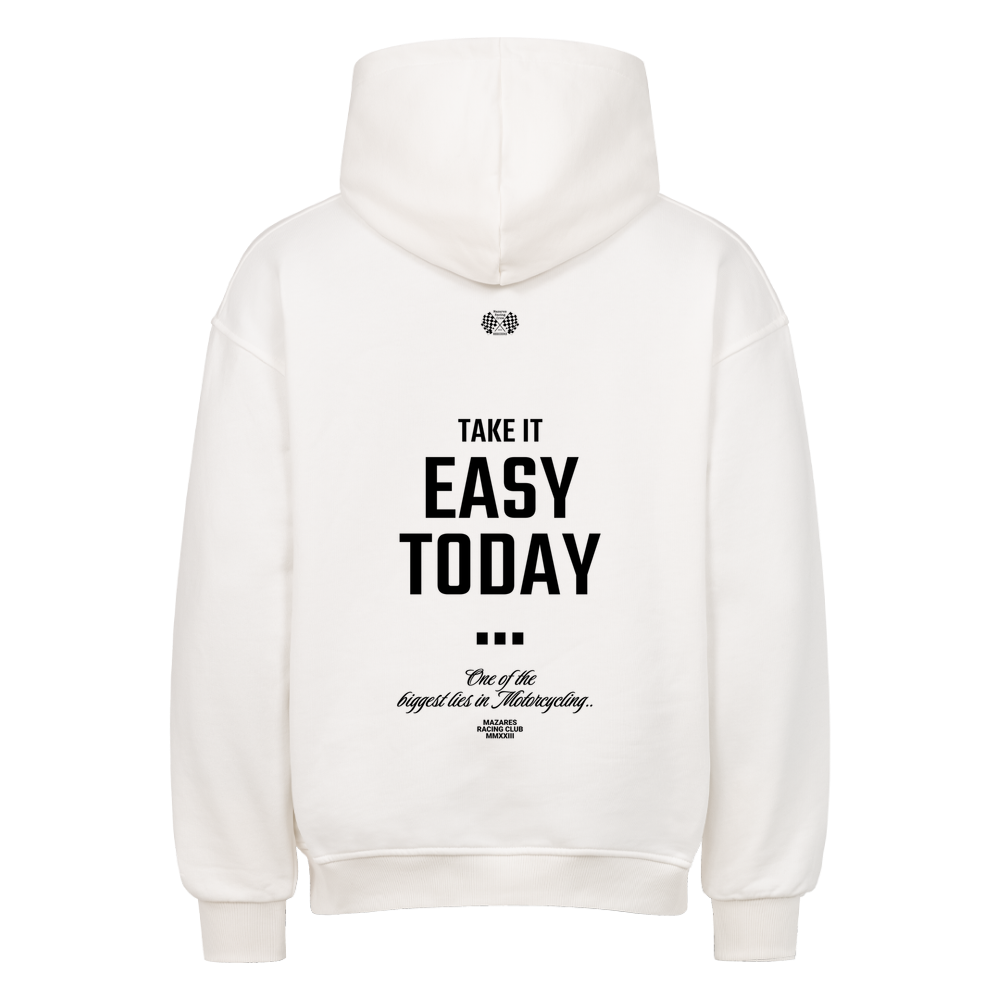 Weißer Mazares Racing Oversized Biker Hoodie mit markantem Take It Easy Today Motiv - Riding Culture. 