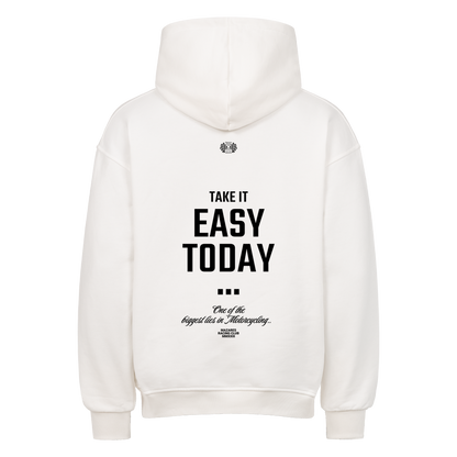 Weißer Mazares Racing Oversized Biker Hoodie mit markantem Take It Easy Today Motiv - Riding Culture. 