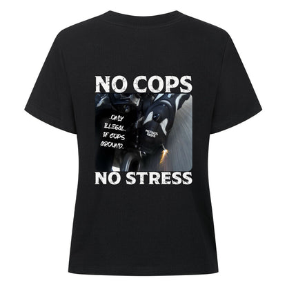 Mazares Damen Biker T-Shirt mit „No Cops No Stress“ Schriftzug auf der Brust. Femininer Schnitt mit bequemem Tragegefühl und minimalistischer Biker-Typografie.