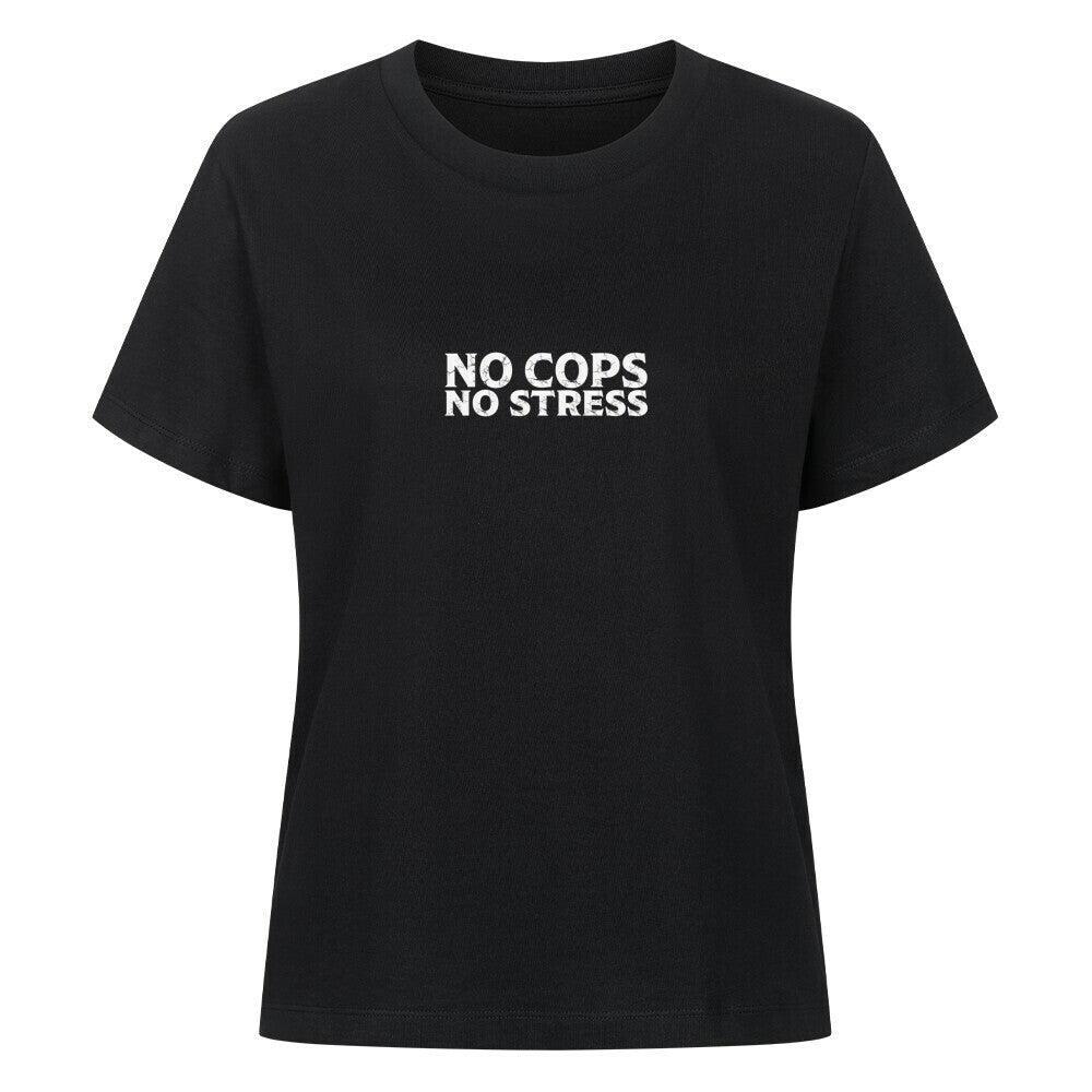 Mazares Damen Biker T-Shirt mit „No Cops No Stress“ Schriftzug auf der Brust. Femininer Schnitt mit bequemem Tragegefühl und minimalistischer Biker-Typografie.