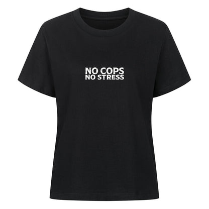 Mazares Damen Biker T-Shirt mit „No Cops No Stress“ Schriftzug auf der Brust. Femininer Schnitt mit bequemem Tragegefühl und minimalistischer Biker-Typografie.