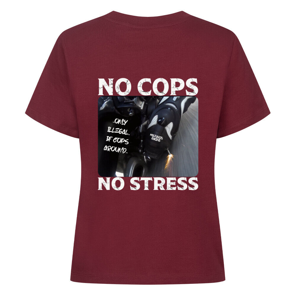 Mazares Damen Biker T-Shirt mit „No Cops No Stress“ Schriftzug auf der Brust. Femininer Schnitt mit bequemem Tragegefühl und minimalistischer Biker-Typografie.