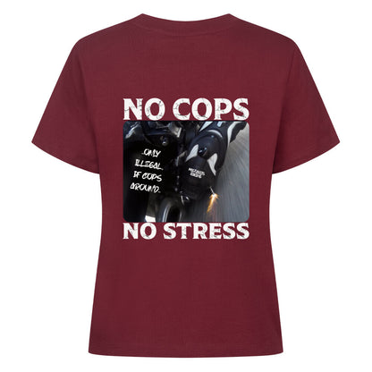 Mazares Damen Biker T-Shirt mit „No Cops No Stress“ Schriftzug auf der Brust. Femininer Schnitt mit bequemem Tragegefühl und minimalistischer Biker-Typografie.