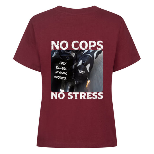 Mazares Damen Biker T-Shirt mit „No Cops No Stress“ Schriftzug auf der Brust. Femininer Schnitt mit bequemem Tragegefühl und minimalistischer Biker-Typografie.