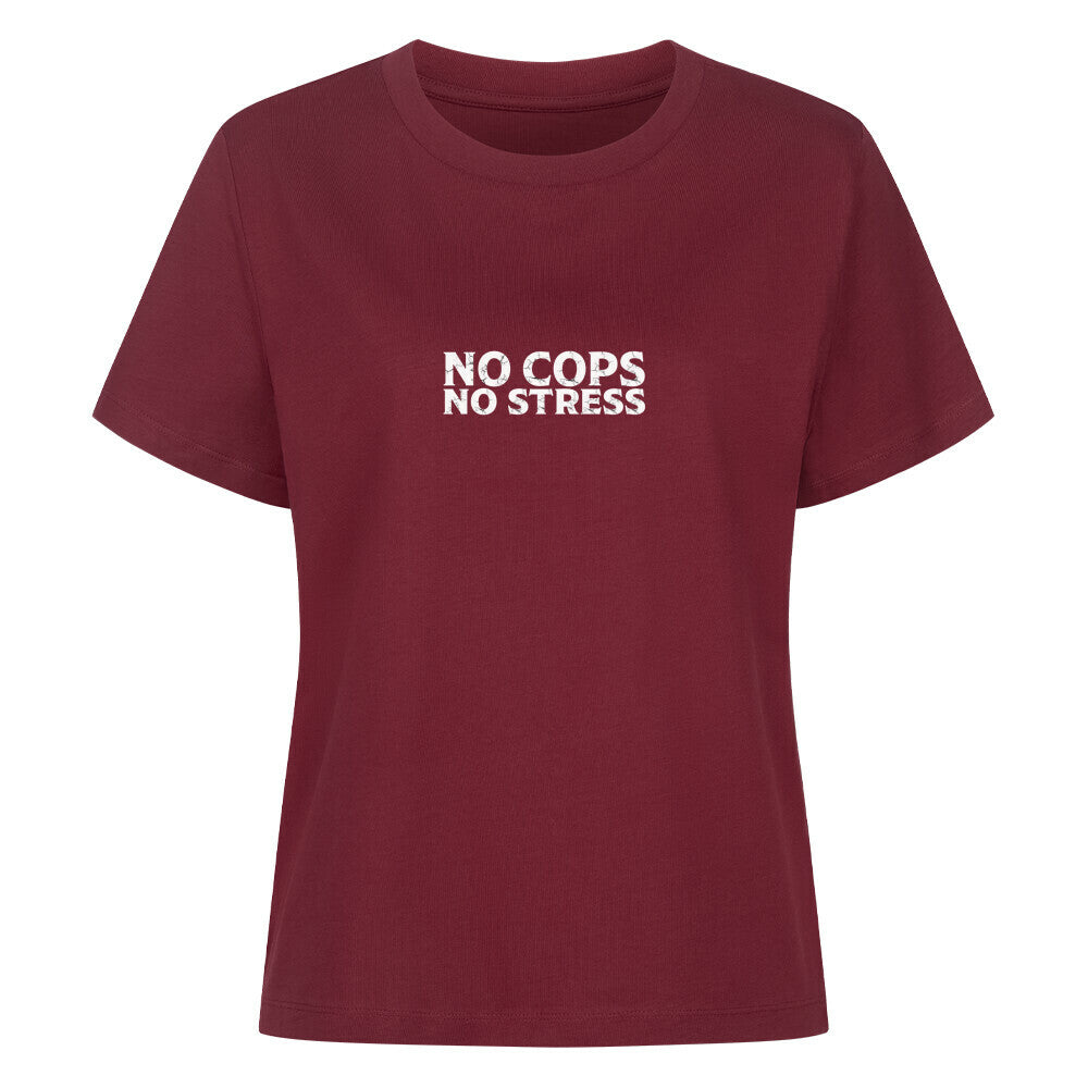 Mazares Damen Biker T-Shirt mit „No Cops No Stress“ Schriftzug auf der Brust. Femininer Schnitt mit bequemem Tragegefühl und minimalistischer Biker-Typografie.