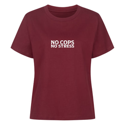 Mazares Damen Biker T-Shirt mit „No Cops No Stress“ Schriftzug auf der Brust. Femininer Schnitt mit bequemem Tragegefühl und minimalistischer Biker-Typografie.