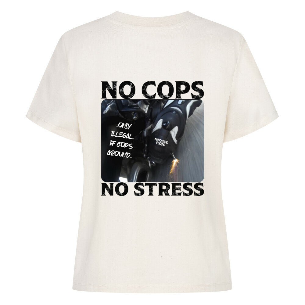 Mazares Damen Biker T-Shirt mit „No Cops No Stress“ Schriftzug auf der Brust. Femininer Schnitt mit bequemem Tragegefühl und minimalistischer Biker-Typografie.