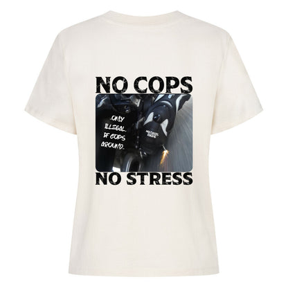 Mazares Damen Biker T-Shirt mit „No Cops No Stress“ Schriftzug auf der Brust. Femininer Schnitt mit bequemem Tragegefühl und minimalistischer Biker-Typografie.