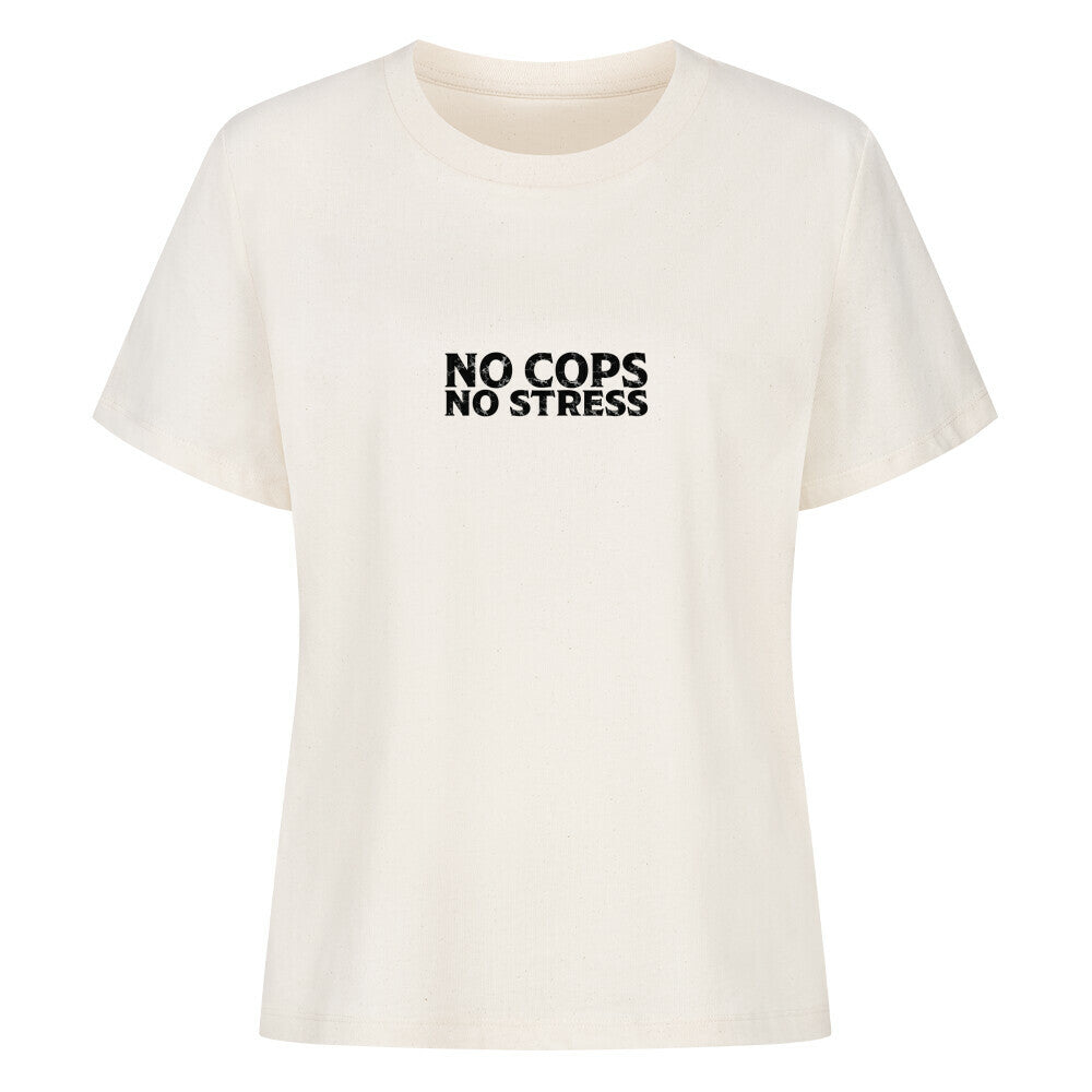 Mazares Damen Biker T-Shirt mit „No Cops No Stress“ Schriftzug auf der Brust. Femininer Schnitt mit bequemem Tragegefühl und minimalistischer Biker-Typografie.